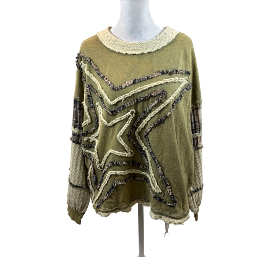Ladies Oli & Hali Washed Star Patchwork Top Green‎ and Beige Size Small - Picture 5 of 12